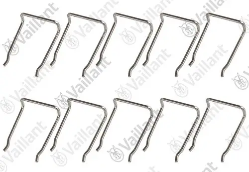 10 metallene Clips der Marke Vaillant, in zwei Reihen angeordnet, mit einem einfachen, funktionalen Design.